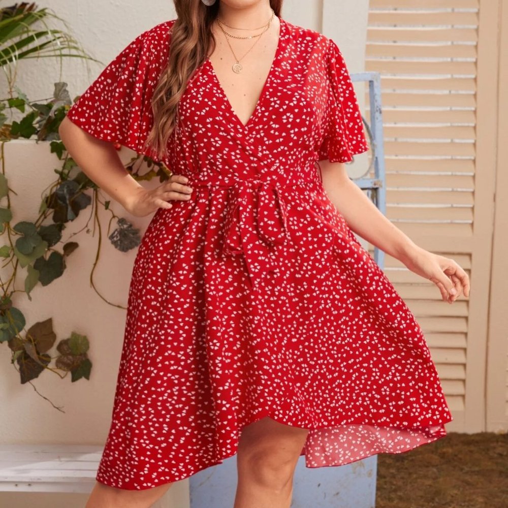 Plus Allover Heart Wrap A-line Dress